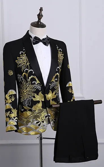 Men's Autumn Shawl Lapel Embroidered Suit With Pants