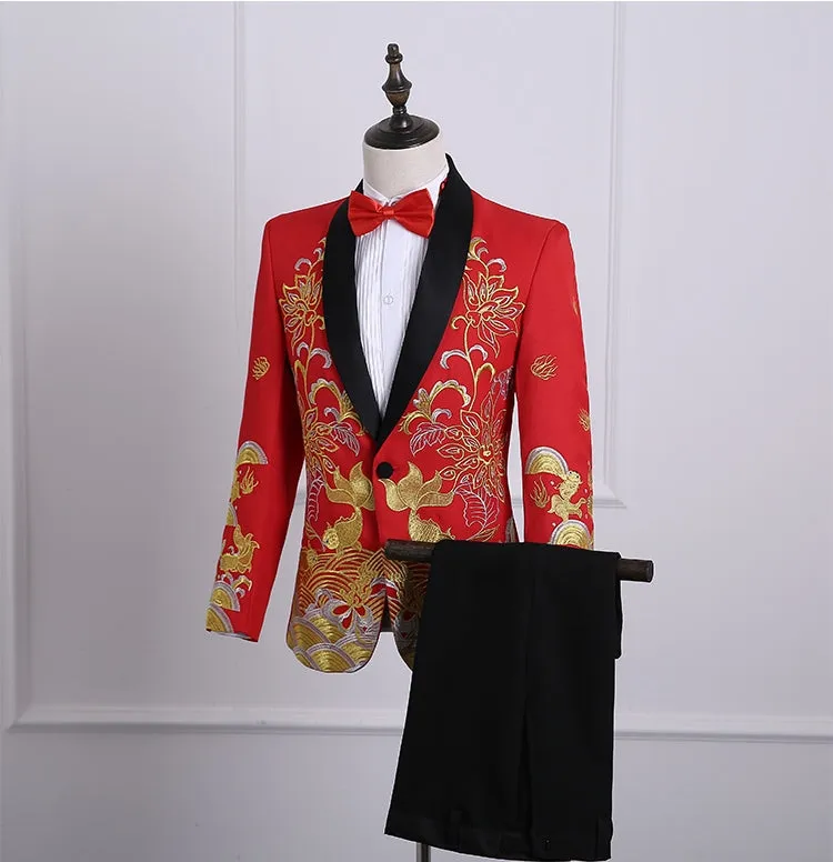 Men's Autumn Shawl Lapel Embroidered Suit With Pants