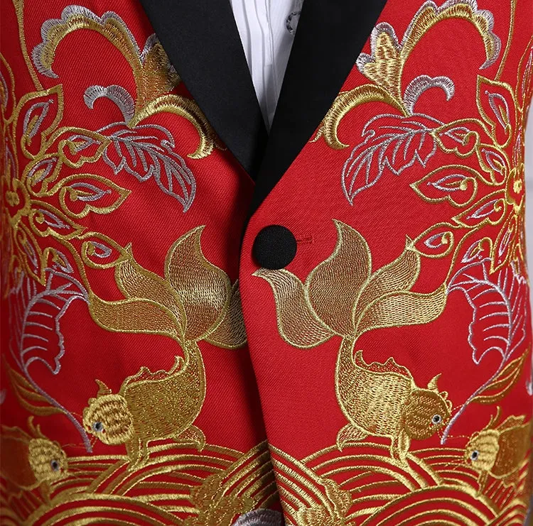 Men's Autumn Shawl Lapel Embroidered Suit With Pants