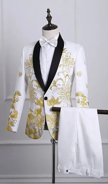 Men's Autumn Shawl Lapel Embroidered Suit With Pants