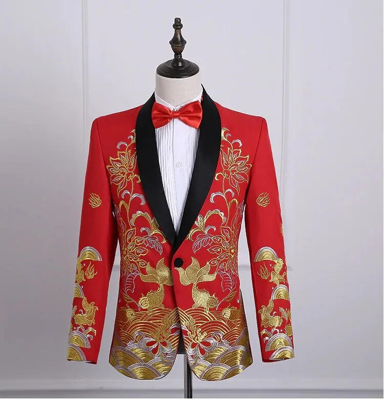 Men's Autumn Shawl Lapel Embroidered Suit With Pants