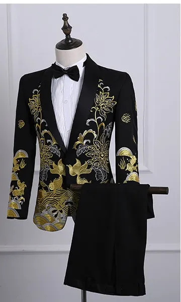 Men's Autumn Shawl Lapel Embroidered Suit With Pants