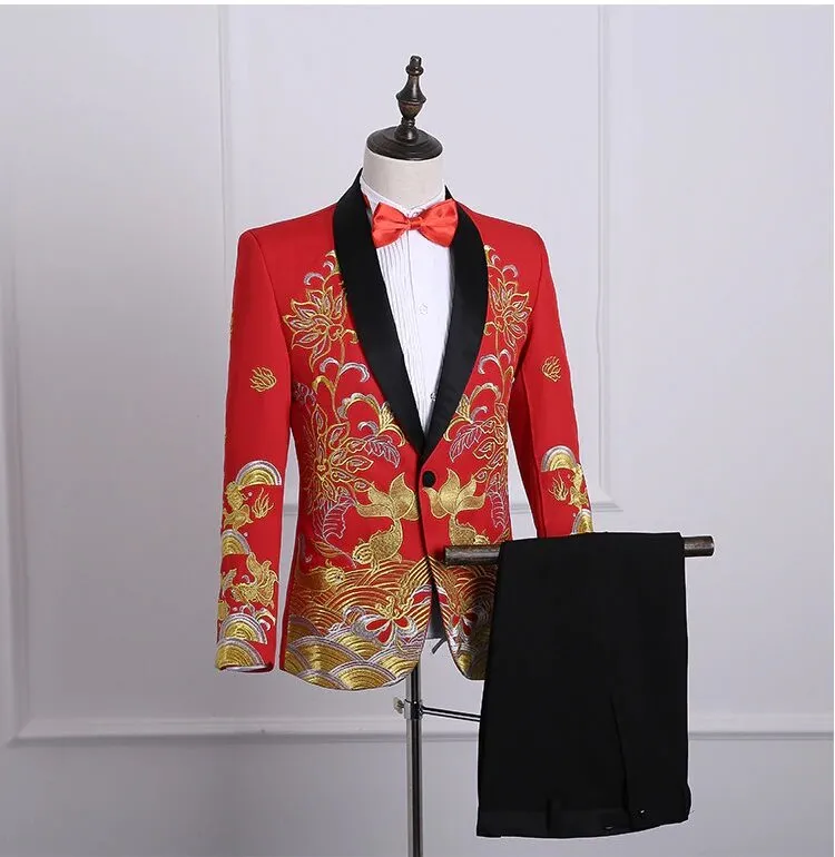 Men's Autumn Shawl Lapel Embroidered Suit With Pants