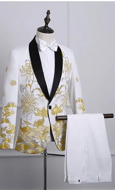 Men's Autumn Shawl Lapel Embroidered Suit With Pants