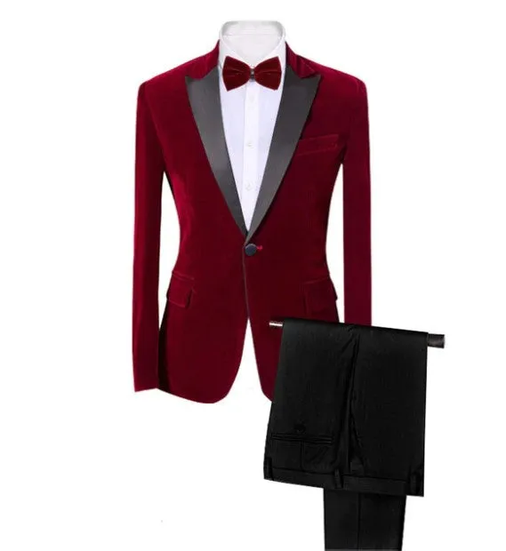 Men's Autumn/Winter Classic Velvet Suit With Bow Tie | Men's Slim Fit Tuxedo