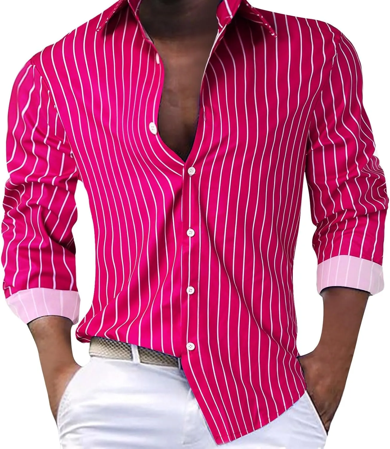 Mens Button Down Casual Shirt Fashion Striped Long Sleeve Collared Shirt Regular Fit Turn-Down Fall Shirt Business Cardigan