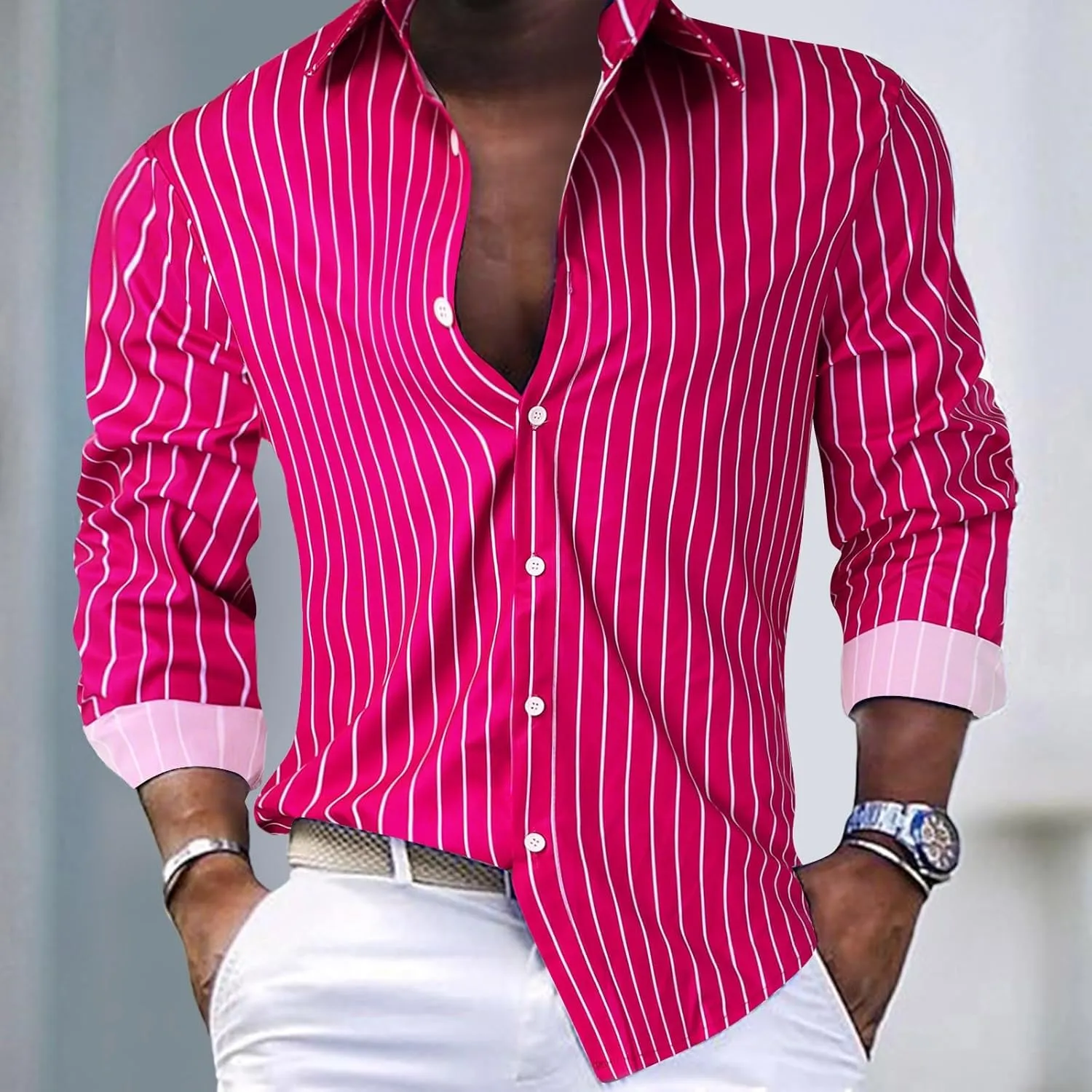 Mens Button Down Casual Shirt Fashion Striped Long Sleeve Collared Shirt Regular Fit Turn-Down Fall Shirt Business Cardigan