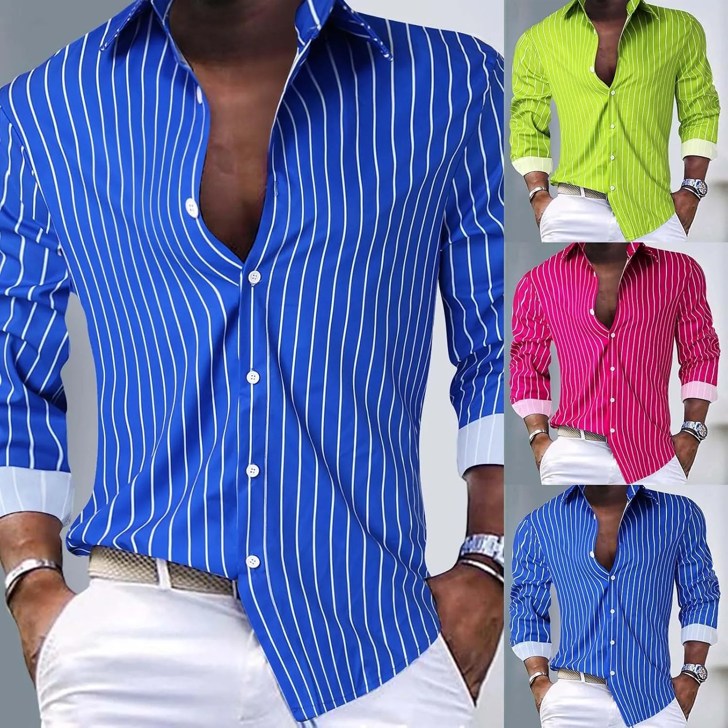 Mens Button Down Casual Shirt Fashion Striped Long Sleeve Collared Shirt Regular Fit Turn-Down Fall Shirt Business Cardigan