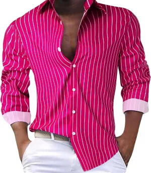 Mens Button Down Casual Shirt Fashion Striped Long Sleeve Collared Shirt Regular Fit Turn-Down Fall Shirt Business Cardigan