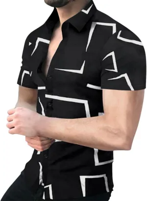 Mens Button Down Short Sleeve Dress Shirts Novelty Graphic Printed Business Work Poplin Shirt Big and Tall Muscle Tops