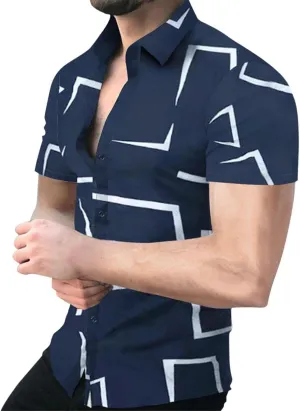 Mens Button Down Short Sleeve Dress Shirts Novelty Graphic Printed Business Work Poplin Shirt Big and Tall Muscle Tops