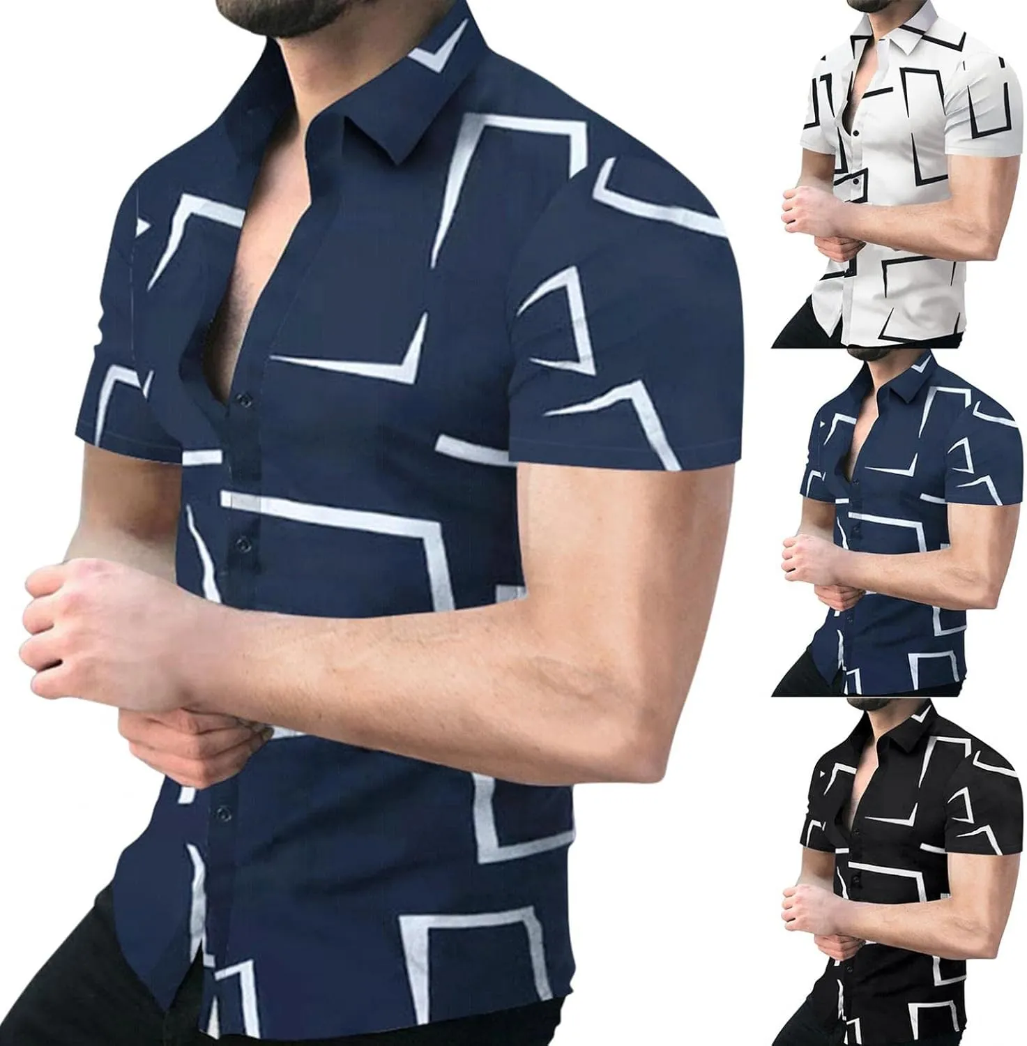 Mens Button Down Short Sleeve Dress Shirts Novelty Graphic Printed Business Work Poplin Shirt Big and Tall Muscle Tops