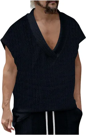 Men's Cable Knit Sweater Vests Cap Sleeve V Neck Loose Fit Jacquard Vest Tops Casual Summer Soft Lightweight Tank Top
