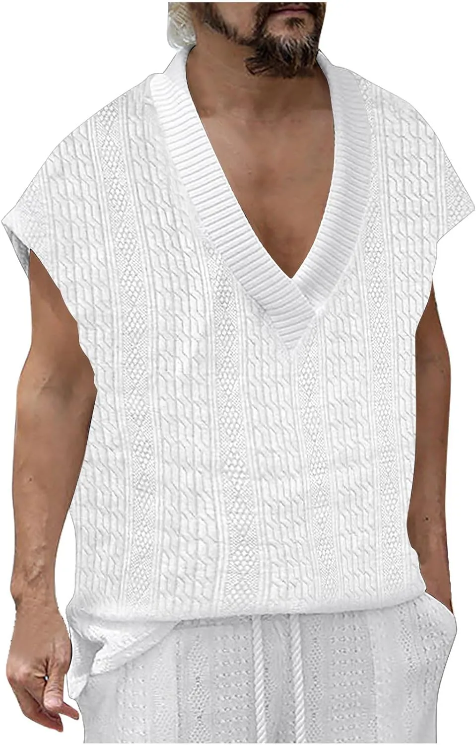 Men's Cable Knit Sweater Vests Cap Sleeve V Neck Loose Fit Jacquard Vest Tops Casual Summer Soft Lightweight Tank Top
