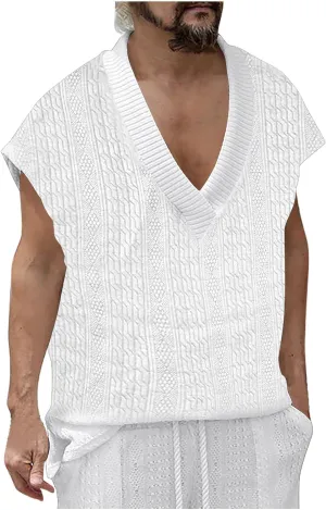 Men's Cable Knit Sweater Vests Cap Sleeve V Neck Loose Fit Jacquard Vest Tops Casual Summer Soft Lightweight Tank Top