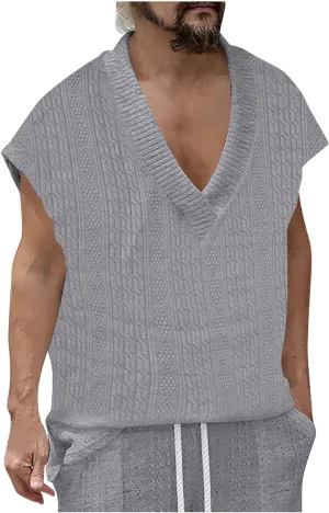 Men's Cable Knit Sweater Vests Cap Sleeve V Neck Loose Fit Jacquard Vest Tops Casual Summer Soft Lightweight Tank Top