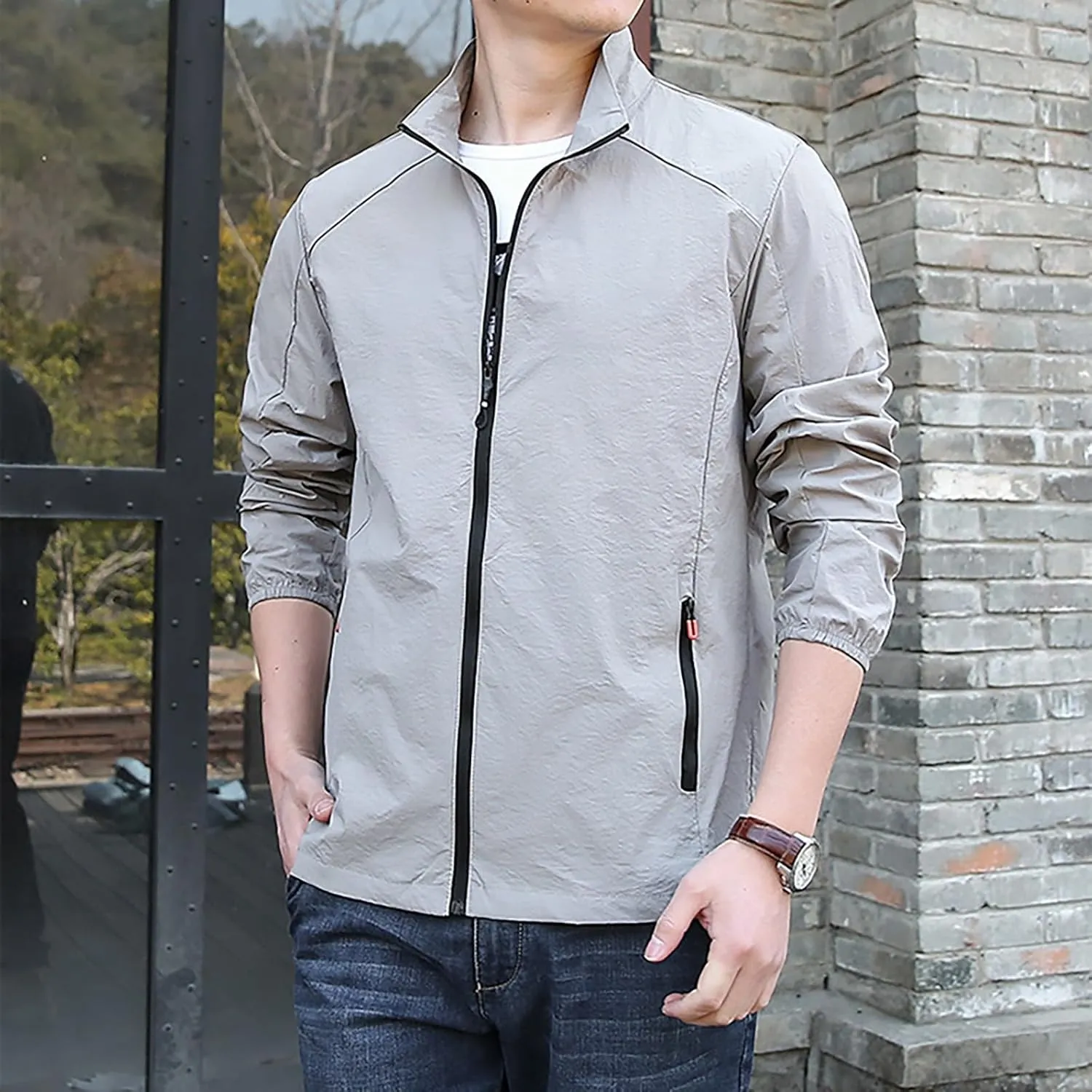 Mens Casual Jacket Lightweight Full Zip Packable Coat Golf Running Travel Fishing Hiking Climbing Windbreaker Jackets