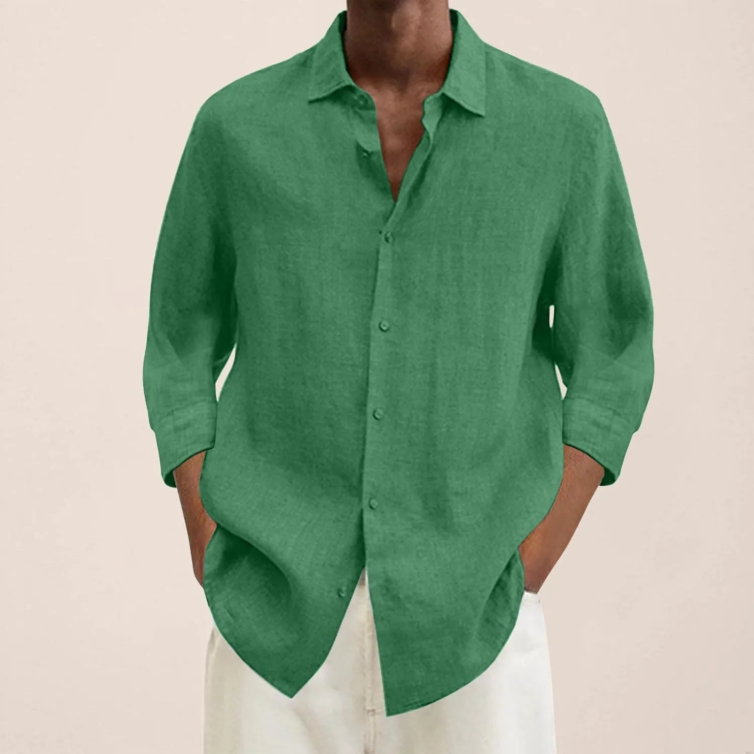 Mens Casual Linen Shirts 3/4 Sleeve Button Down Shirt Hawaiian Vacation Summer Tees Outdoor Plain Beach Collared Tops