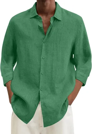 Mens Casual Linen Shirts 3/4 Sleeve Button Down Shirt Hawaiian Vacation Summer Tees Outdoor Plain Beach Collared Tops