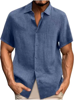 Mens Casual Linen Shirts Short Sleeve Button Down Shirt Solid Summer Beach Vacation Shirt Untucked Dress Shirt