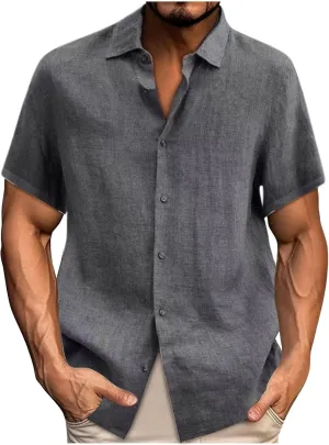 Mens Casual Linen Shirts Short Sleeve Button Down Shirt Solid Summer Beach Vacation Shirt Untucked Dress Shirt