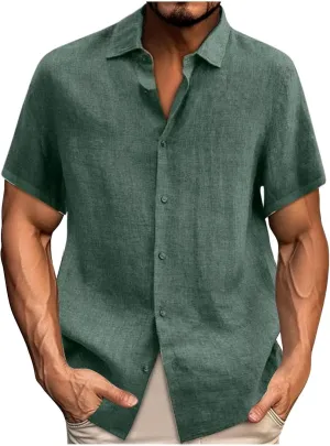 Mens Casual Linen Shirts Short Sleeve Button Down Shirt Solid Summer Beach Vacation Shirt Untucked Dress Shirt