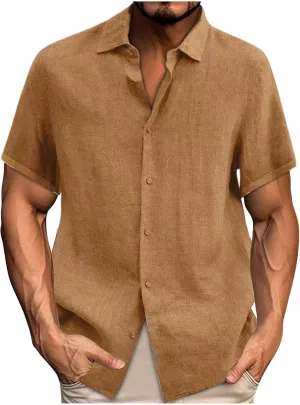 Mens Casual Linen Shirts Short Sleeve Button Down Shirt Solid Summer Beach Vacation Shirt Untucked Dress Shirt