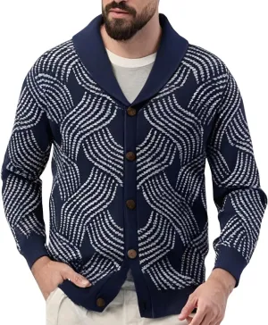 Men's Casual Shawl Collar Cardigan Sweater Long Sleeve Button Down Cable Knit Jacquard Sweater Jacket
