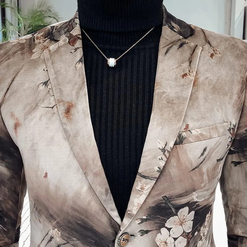 Men's Casual Slim Fit Blazer With Flower Print