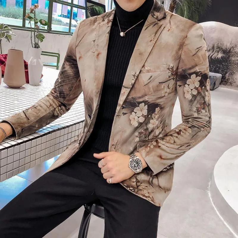 Men's Casual Slim Fit Blazer With Flower Print