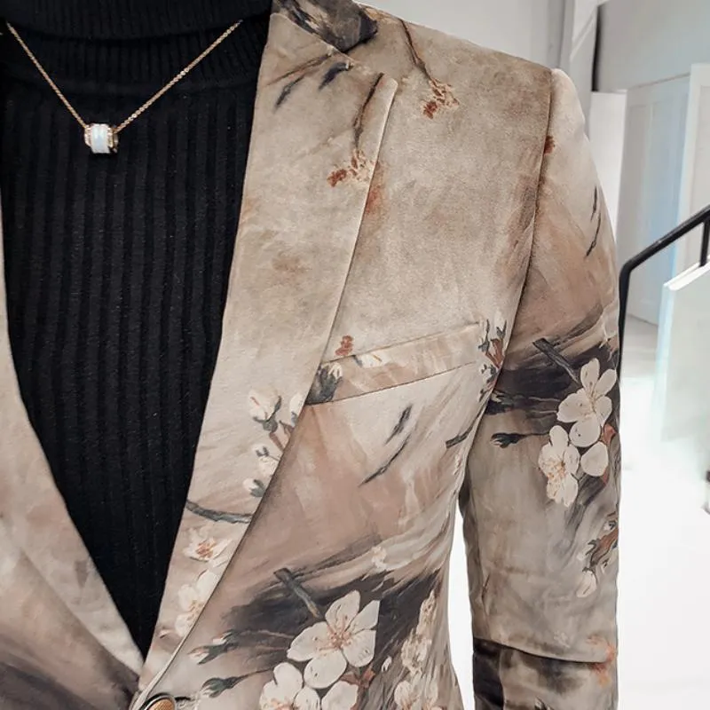 Men's Casual Slim Fit Blazer With Flower Print