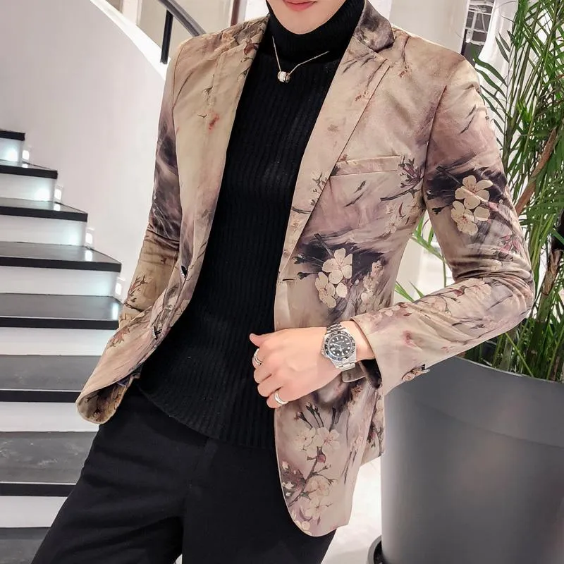 Men's Casual Slim Fit Blazer With Flower Print