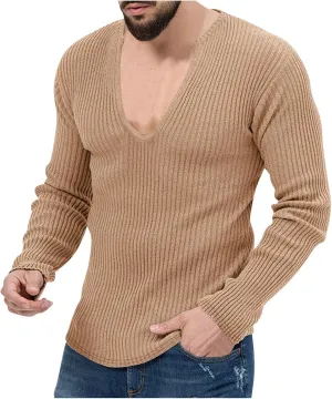Men's Casual Slim Fit Deep V-Neck Pullover Long Sleeve Knitted Pullover Sweaters Top Lightweight Vintage Knitwear