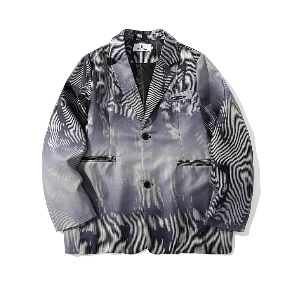 Men's Casual Suit Man Blzer Dark Striped Tie-Dye Blazer Men Loose Lapels Single Breasted Casual Small Suit