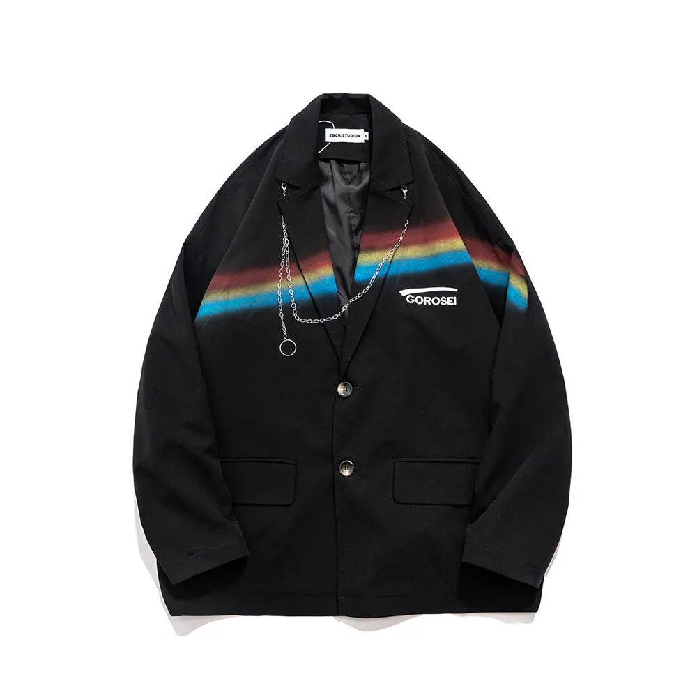 Men's Casual Suit Man Blzer Rainbow Printing Two Button Suit Men's Chain Decoration Blazer Street Jacket