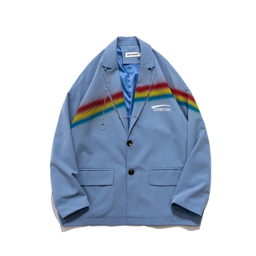 Men's Casual Suit Man Blzer Rainbow Printing Two Button Suit Men's Chain Decoration Blazer Street Jacket