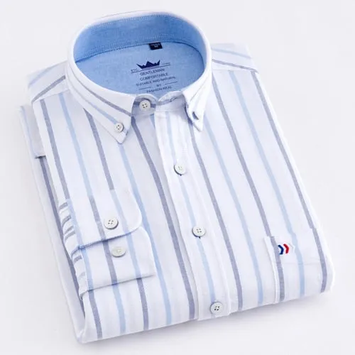 Men's Casual Thick Oxford Cotton Plaid Striped Shirts Single Patch Pocket Long Sleeve Standard-fit Button-down Checkered Shirt