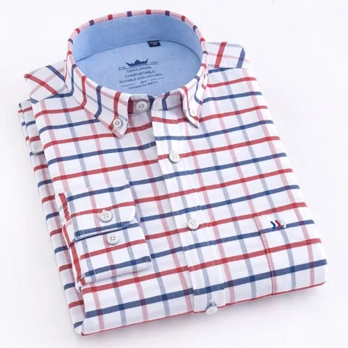 Men's Casual Thick Oxford Cotton Plaid Striped Shirts Single Patch Pocket Long Sleeve Standard-fit Button-down Checkered Shirt