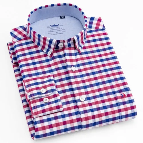 Men's Casual Thick Oxford Cotton Plaid Striped Shirts Single Patch Pocket Long Sleeve Standard-fit Button-down Checkered Shirt