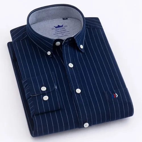Men's Casual Thick Oxford Cotton Plaid Striped Shirts Single Patch Pocket Long Sleeve Standard-fit Button-down Checkered Shirt