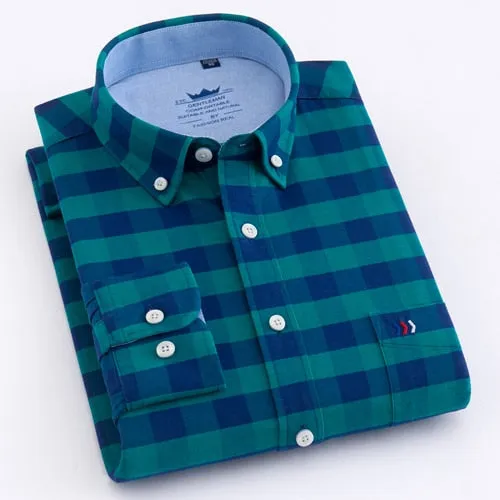 Men's Casual Thick Oxford Cotton Plaid Striped Shirts Single Patch Pocket Long Sleeve Standard-fit Button-down Checkered Shirt