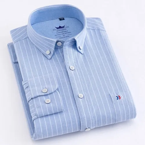 Men's Casual Thick Oxford Cotton Plaid Striped Shirts Single Patch Pocket Long Sleeve Standard-fit Button-down Checkered Shirt