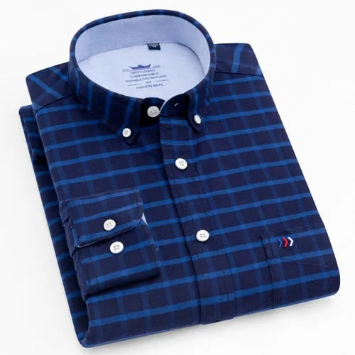 Men's Casual Thick Oxford Cotton Plaid Striped Shirts Single Patch Pocket Long Sleeve Standard-fit Button-down Checkered Shirt