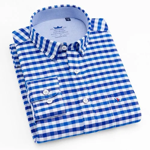 Men's Casual Thick Oxford Cotton Plaid Striped Shirts Single Patch Pocket Long Sleeve Standard-fit Button-down Checkered Shirt