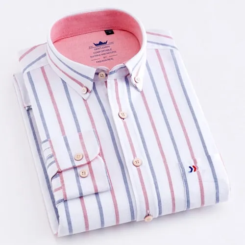Men's Casual Thick Oxford Cotton Plaid Striped Shirts Single Patch Pocket Long Sleeve Standard-fit Button-down Checkered Shirt