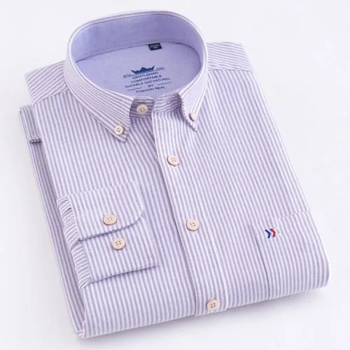 Men's Casual Thick Oxford Cotton Plaid Striped Shirts Single Patch Pocket Long Sleeve Standard-fit Button-down Checkered Shirt