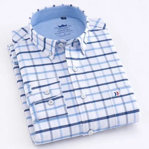 Men's Casual Thick Oxford Cotton Plaid Striped Shirts Single Patch Pocket Long Sleeve Standard-fit Button-down Checkered Shirt