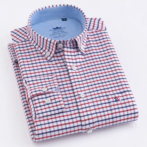 Men's Casual Thick Oxford Cotton Plaid Striped Shirts Single Patch Pocket Long Sleeve Standard-fit Button-down Checkered Shirt