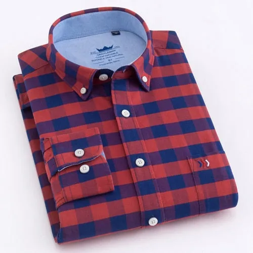 Men's Casual Thick Oxford Cotton Plaid Striped Shirts Single Patch Pocket Long Sleeve Standard-fit Button-down Checkered Shirt