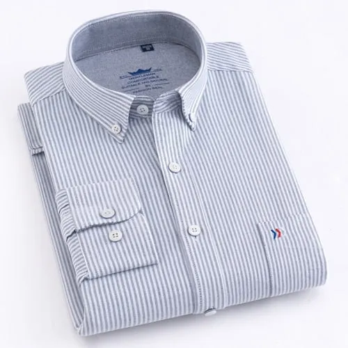 Men's Casual Thick Oxford Cotton Plaid Striped Shirts Single Patch Pocket Long Sleeve Standard-fit Button-down Checkered Shirt